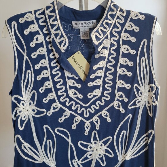 Lauren Michelle Tops - NWT-Lauren Michelle Sleeveless Blue White Stretch Embroidered Top (Size: Large)